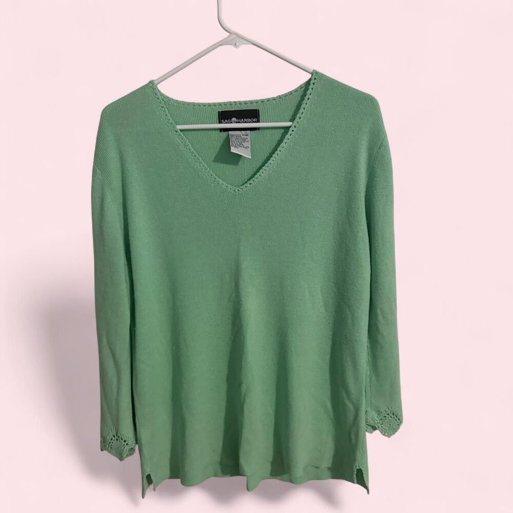 Sag Harbor Sweater Womens L Green V-Neck Crochet Knit Vintage